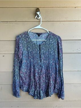 Lucky Brand Floral Boho Long Sleeve Top Size M Hippie Peasant Casual Modest